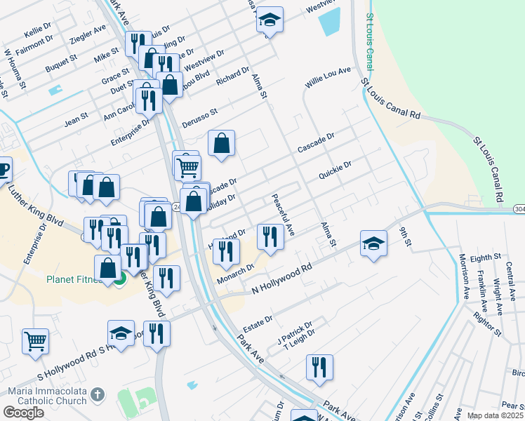 map of restaurants, bars, coffee shops, grocery stores, and more near 1601 Gail Street in Houma