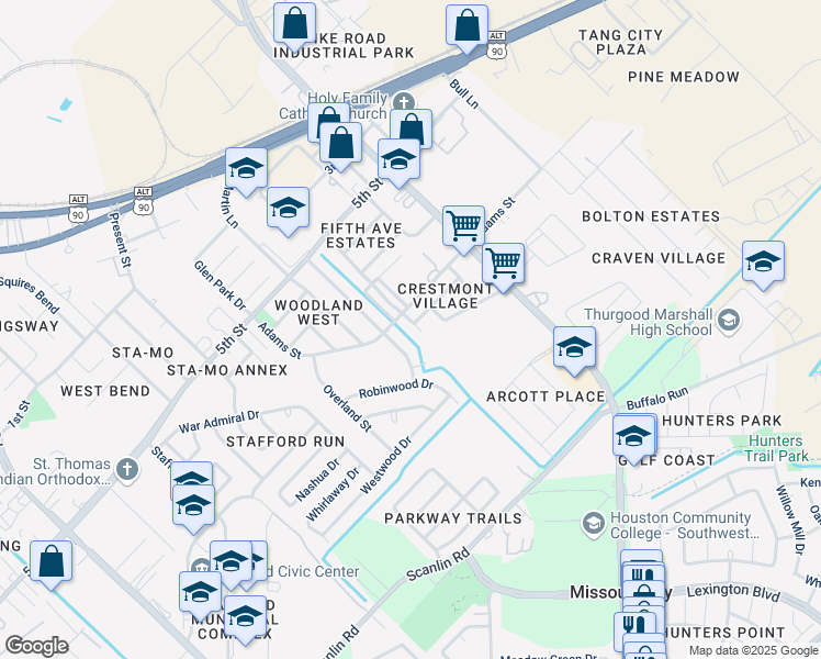 map of restaurants, bars, coffee shops, grocery stores, and more near 811 Golf Court in Stafford