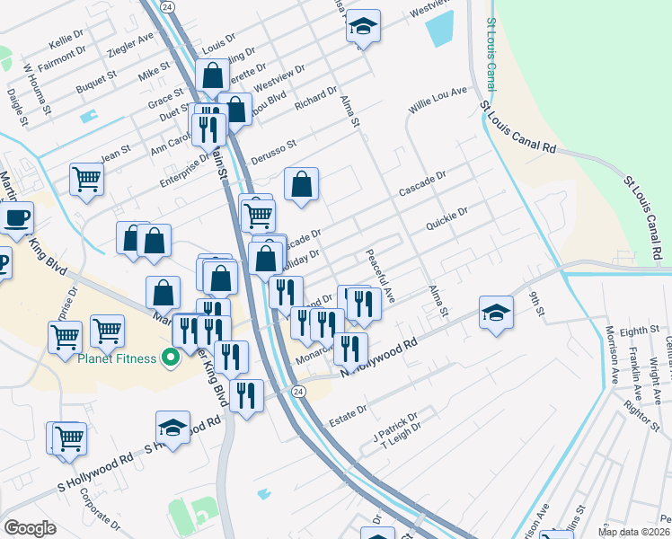 map of restaurants, bars, coffee shops, grocery stores, and more near 6861 Linda Street in Houma