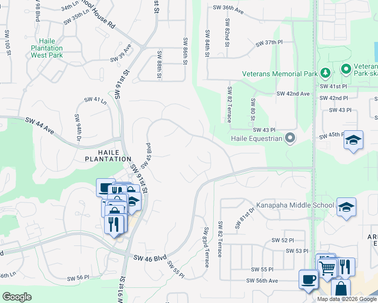 map of restaurants, bars, coffee shops, grocery stores, and more near 8432 Southwest 46 Road in Gainesville