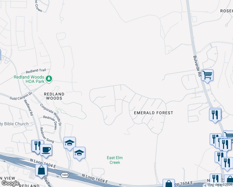 map of restaurants, bars, coffee shops, grocery stores, and more near 18512 Rustling Ridge in San Antonio
