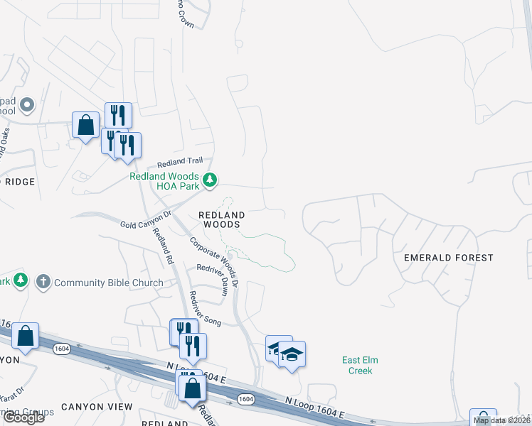 map of restaurants, bars, coffee shops, grocery stores, and more near 3028 Redrock Pass in San Antonio