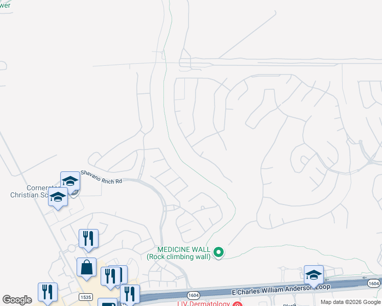 map of restaurants, bars, coffee shops, grocery stores, and more near 18343 Wild Onion in San Antonio