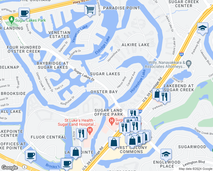 map of restaurants, bars, coffee shops, grocery stores, and more near 1015 Sugar Lakes Drive in Sugar Land
