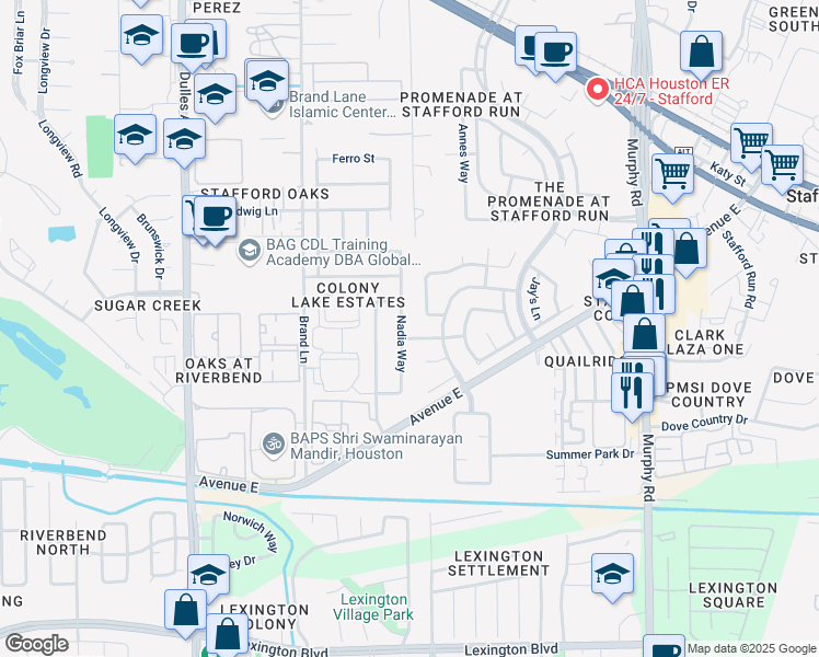 map of restaurants, bars, coffee shops, grocery stores, and more near 435 Nadia Way in Stafford