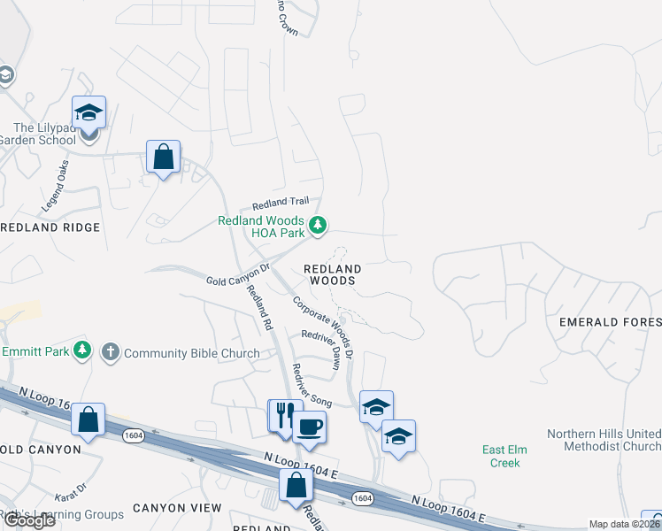 map of restaurants, bars, coffee shops, grocery stores, and more near 18526 Paloma Wood in San Antonio