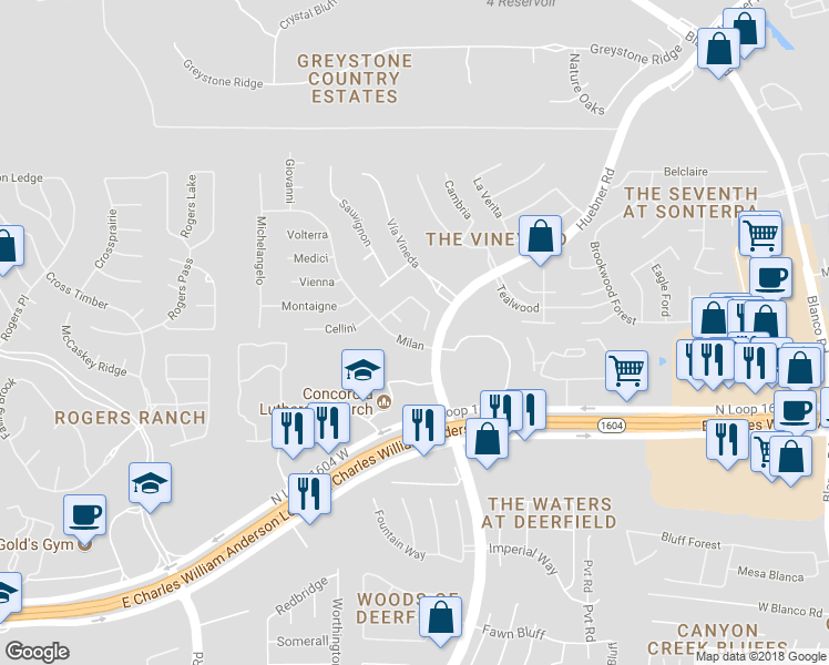 map of restaurants, bars, coffee shops, grocery stores, and more near 186 Da Vinci in San Antonio
