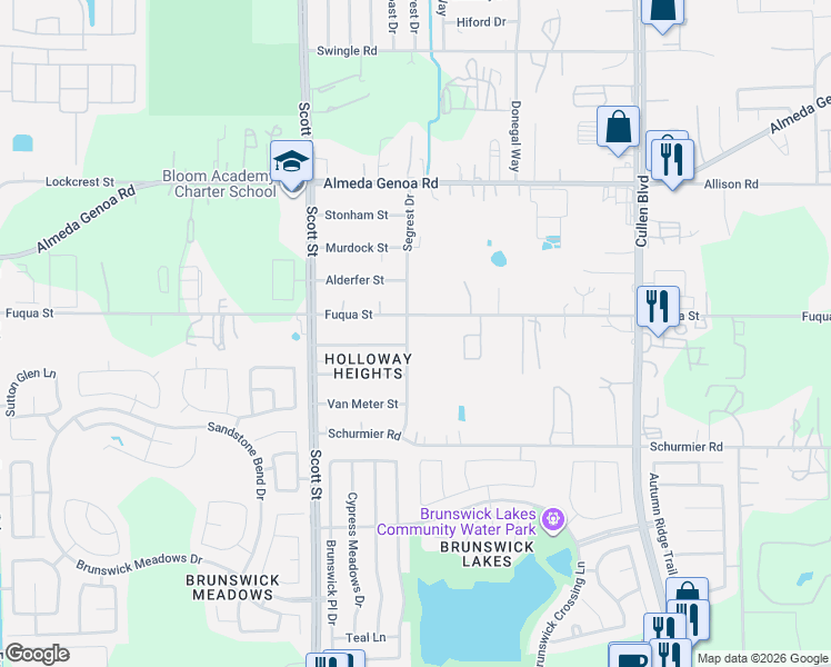 map of restaurants, bars, coffee shops, grocery stores, and more near 13611 Segrest Drive in Houston