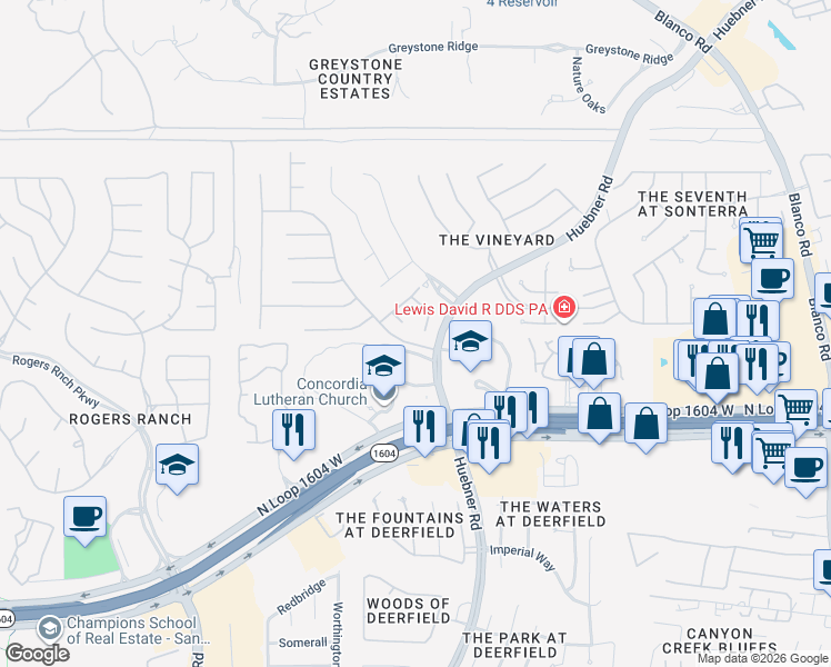 map of restaurants, bars, coffee shops, grocery stores, and more near 186 Da Vinci in San Antonio
