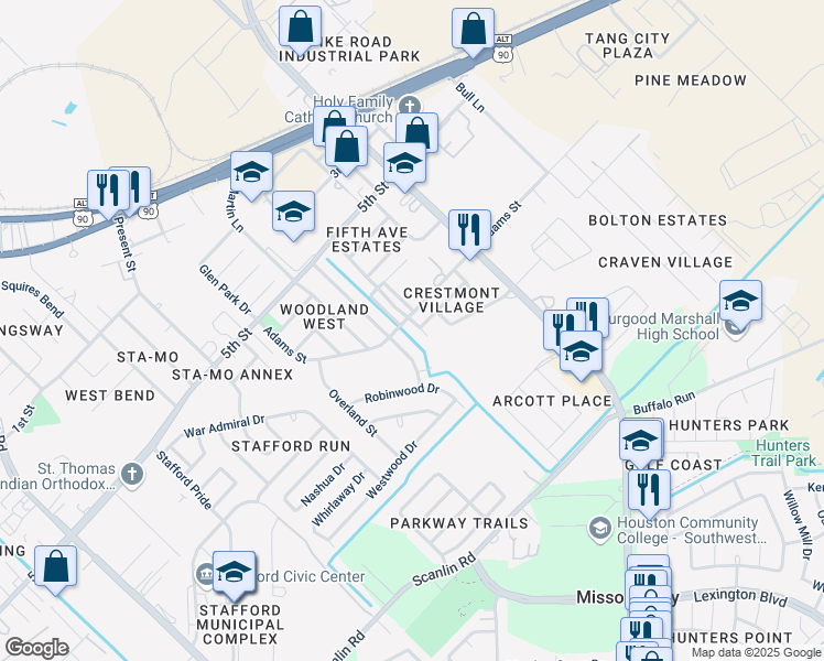 map of restaurants, bars, coffee shops, grocery stores, and more near 811 Golf Court in Stafford