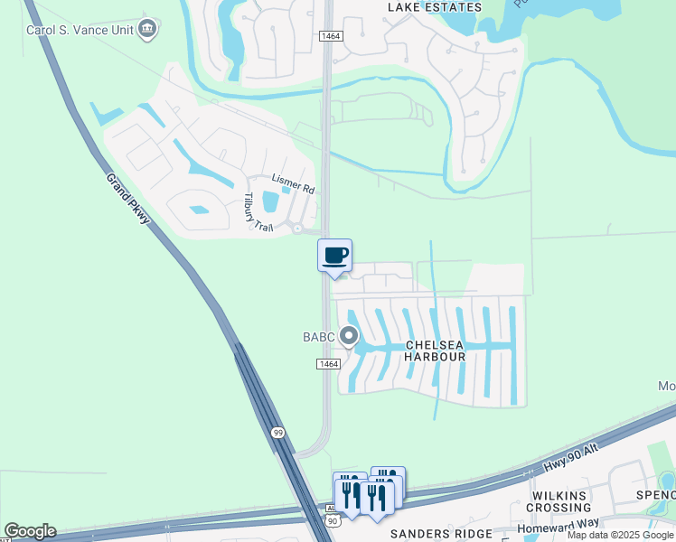 map of restaurants, bars, coffee shops, grocery stores, and more near 14231 Farm to Market 1464 in Sugar Land