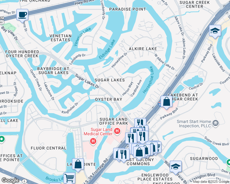 map of restaurants, bars, coffee shops, grocery stores, and more near 1015 Sugar Lakes Drive in Sugar Land