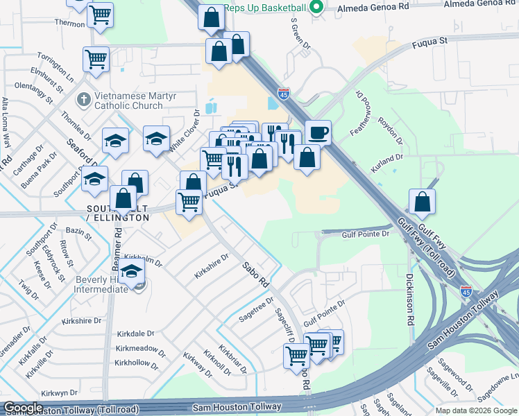 map of restaurants, bars, coffee shops, grocery stores, and more near 11144 Fuqua Street in Houston