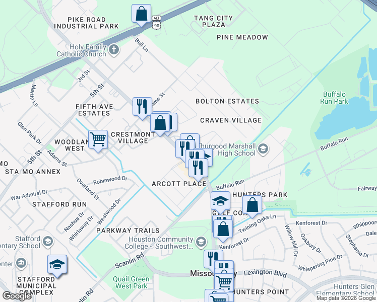map of restaurants, bars, coffee shops, grocery stores, and more near 1022 Aster Road in Missouri City