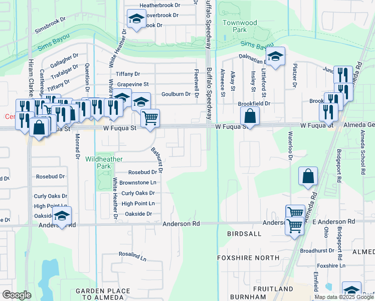 map of restaurants, bars, coffee shops, grocery stores, and more near 3815 West Fuqua Street in Houston