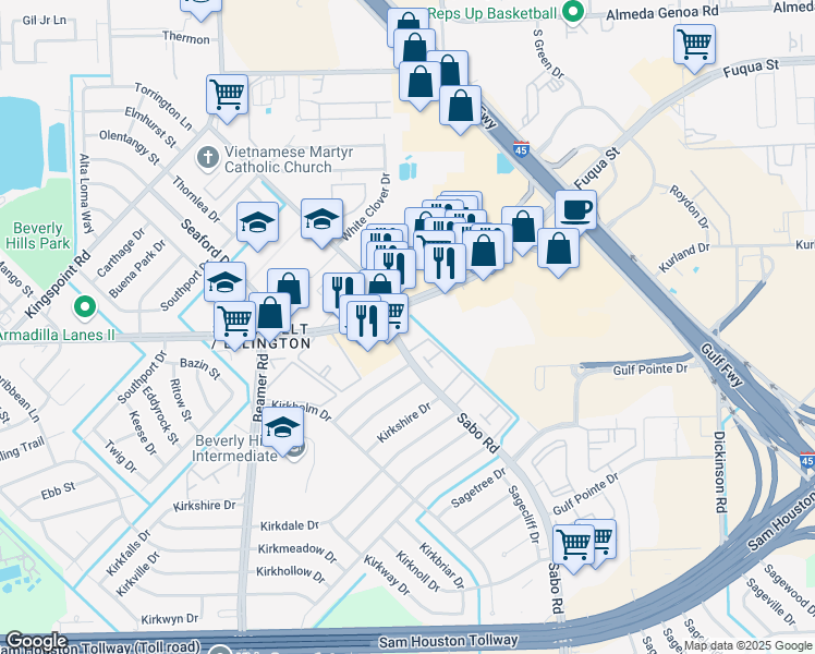 map of restaurants, bars, coffee shops, grocery stores, and more near 10909 Sabo Road in Houston