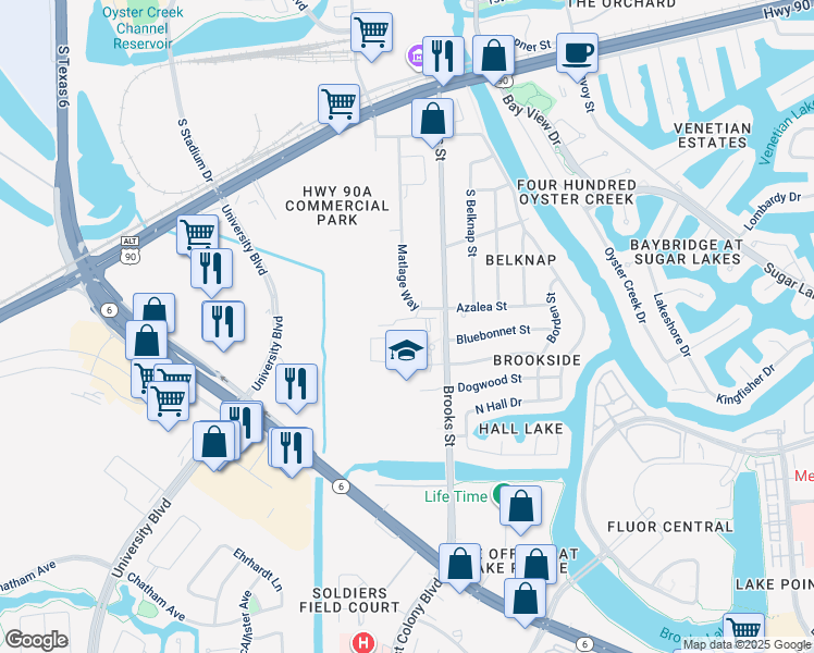 map of restaurants, bars, coffee shops, grocery stores, and more near 744 Brooks Street in Sugar Land