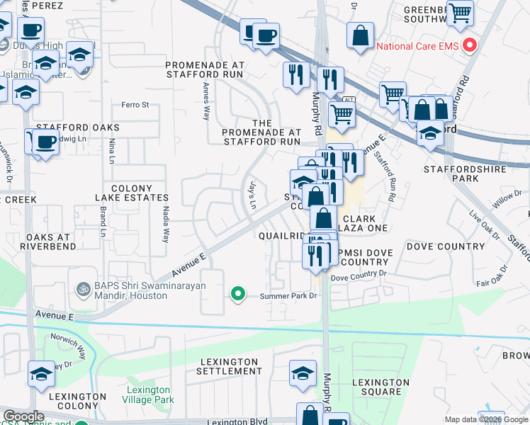 map of restaurants, bars, coffee shops, grocery stores, and more near 635 South Marathon Way in Stafford