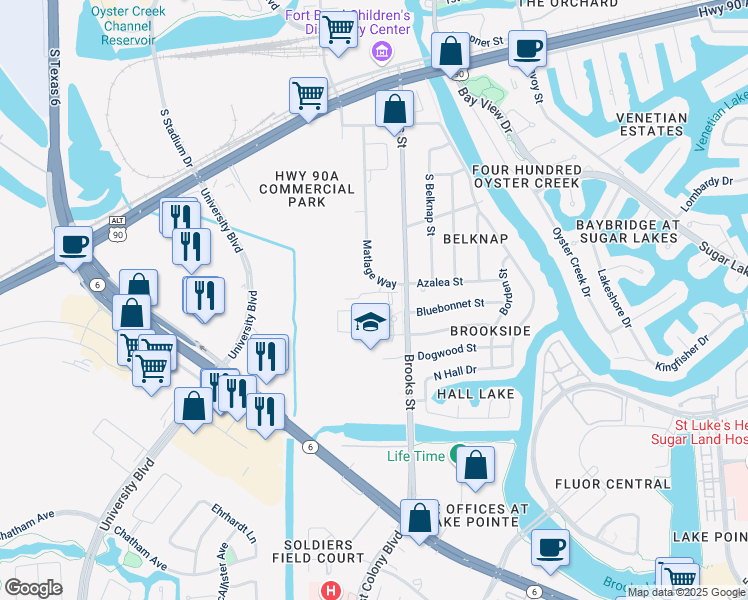 map of restaurants, bars, coffee shops, grocery stores, and more near 744 Brooks Street in Sugar Land
