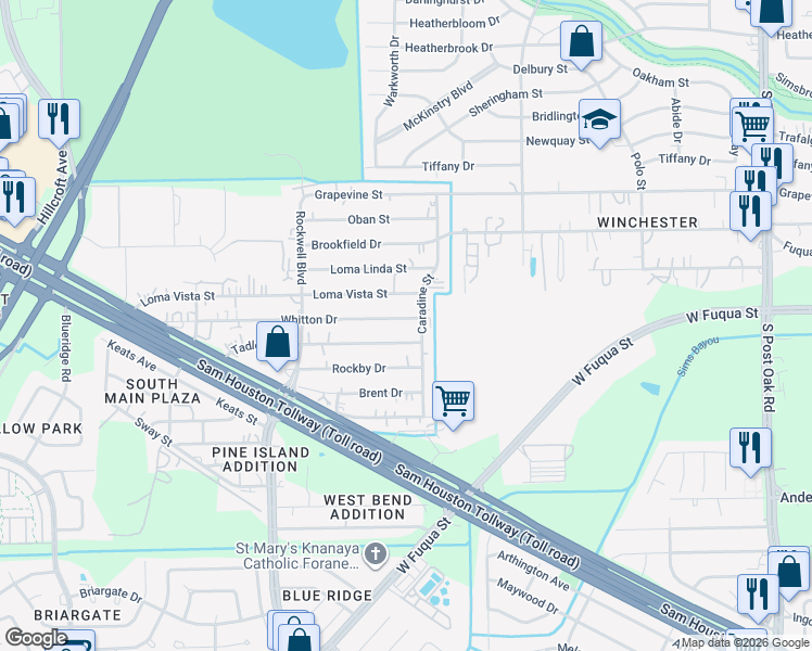 map of restaurants, bars, coffee shops, grocery stores, and more near 6330 Tadlock Lane in Houston