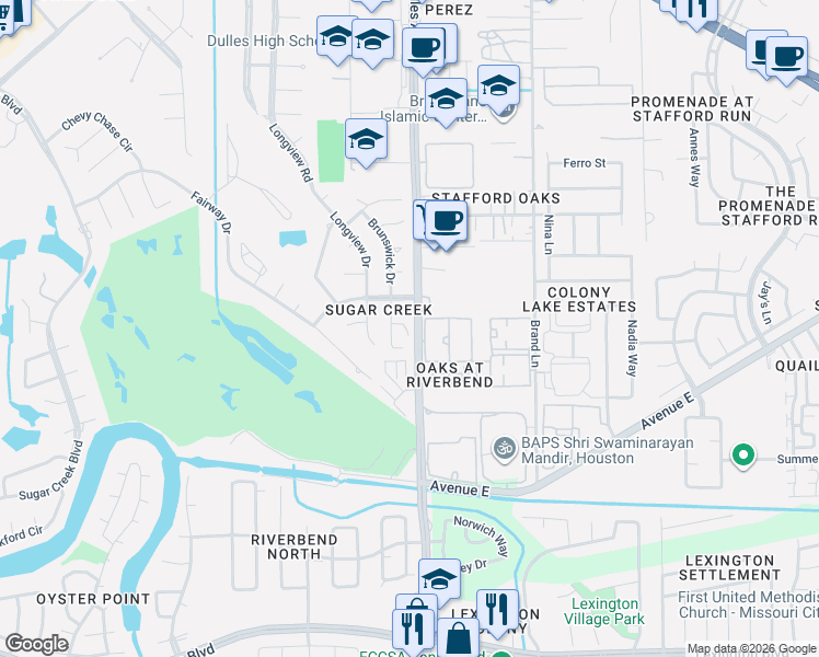 map of restaurants, bars, coffee shops, grocery stores, and more near 3106 Chippendale Court in Sugar Land
