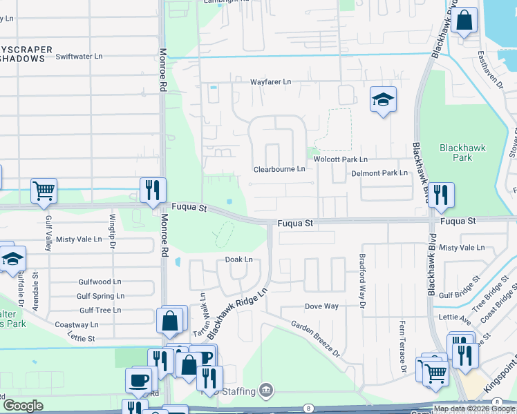 map of restaurants, bars, coffee shops, grocery stores, and more near 7819 Kaeling Meadow Court in Houston