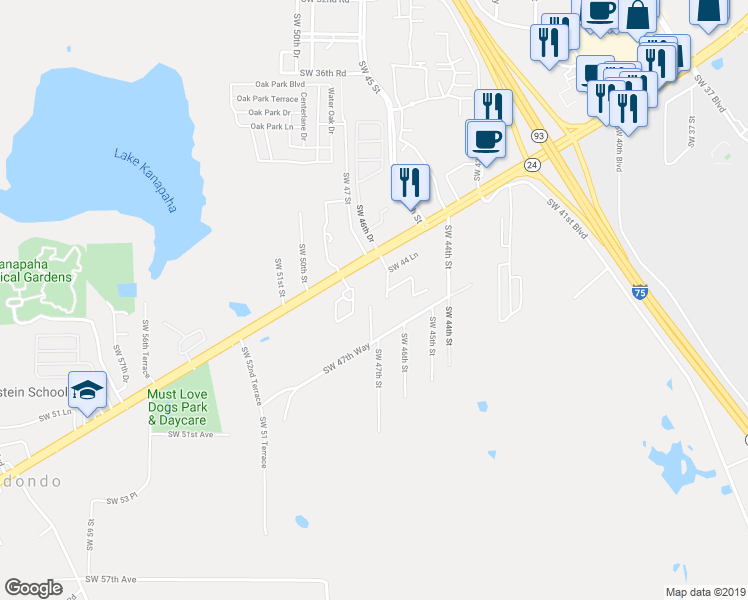 map of restaurants, bars, coffee shops, grocery stores, and more near 4722 Southwest 47th Way in Gainesville