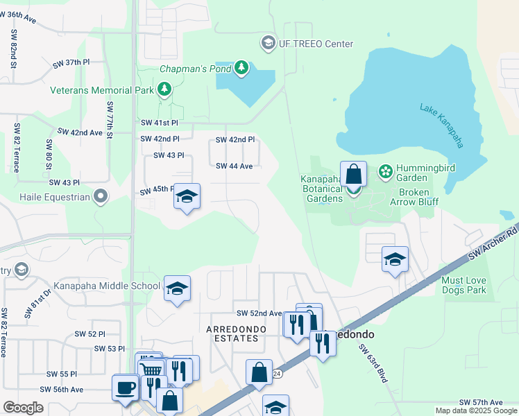 map of restaurants, bars, coffee shops, grocery stores, and more near 4609 Southwest 67th Terrace in Gainesville