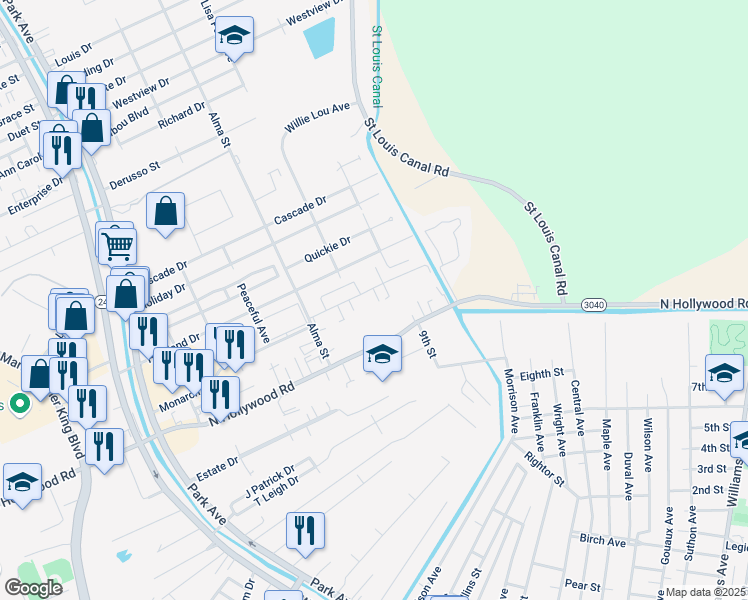 map of restaurants, bars, coffee shops, grocery stores, and more near 370 D Monarch Drive in Houma