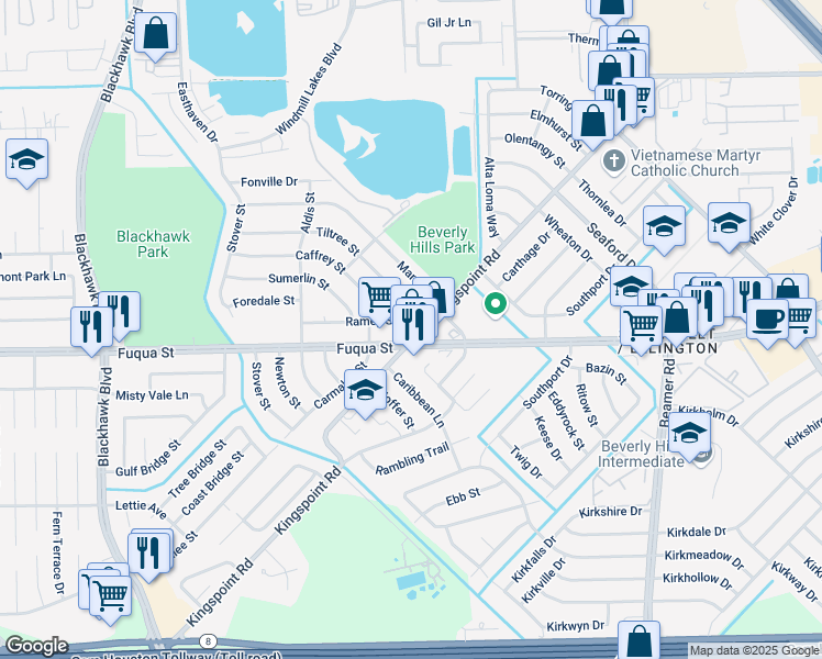 map of restaurants, bars, coffee shops, grocery stores, and more near 10014 Ramey Street in Houston