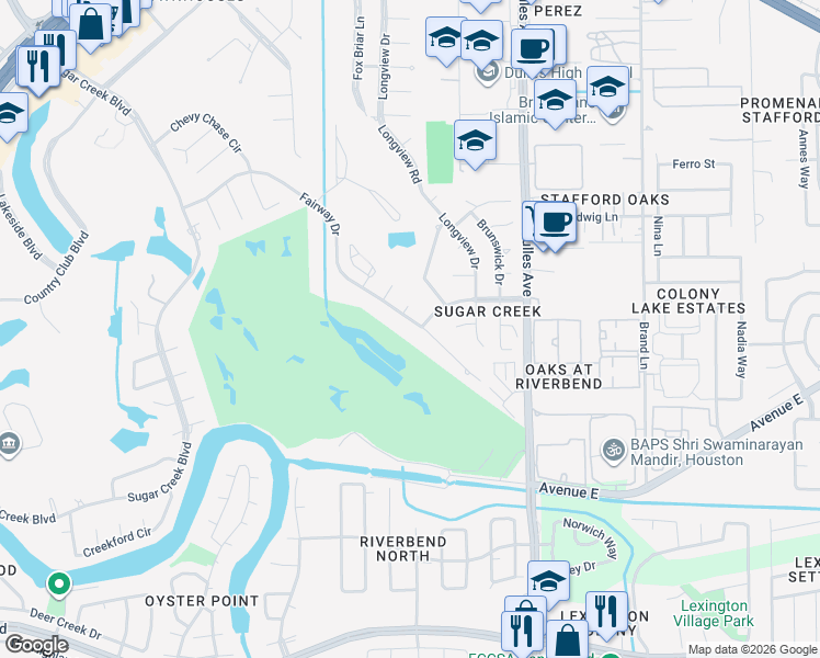 map of restaurants, bars, coffee shops, grocery stores, and more near 2934 Fairway Drive in Sugar Land