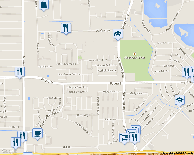 map of restaurants, bars, coffee shops, grocery stores, and more near 9202 Canady Park Lane in Houston