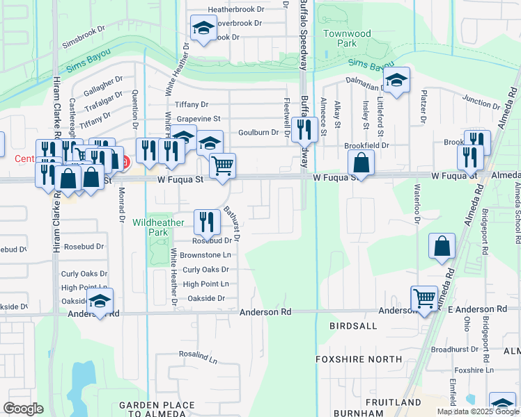 map of restaurants, bars, coffee shops, grocery stores, and more near 3815 West Fuqua Street in Houston