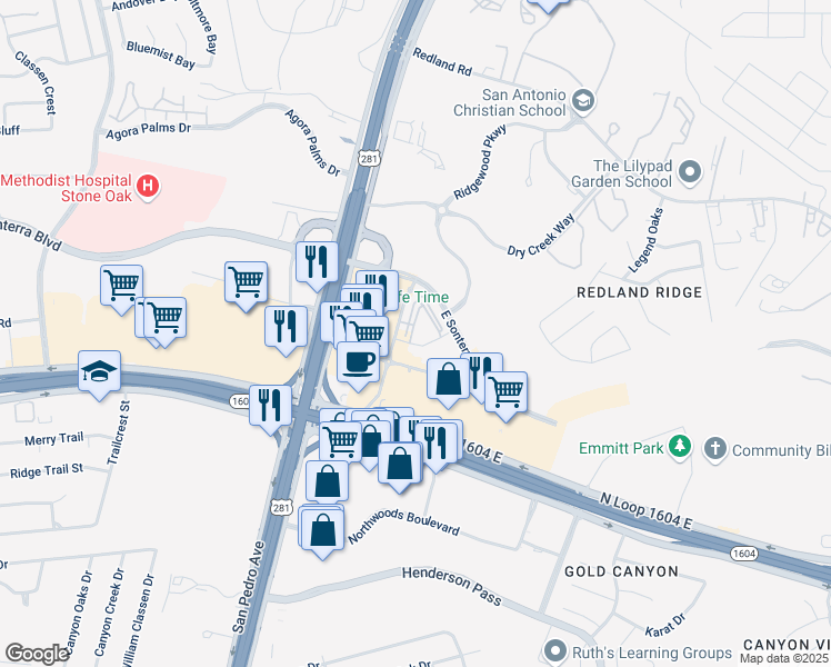 map of restaurants, bars, coffee shops, grocery stores, and more near 1823 North Loop 1604 East in San Antonio
