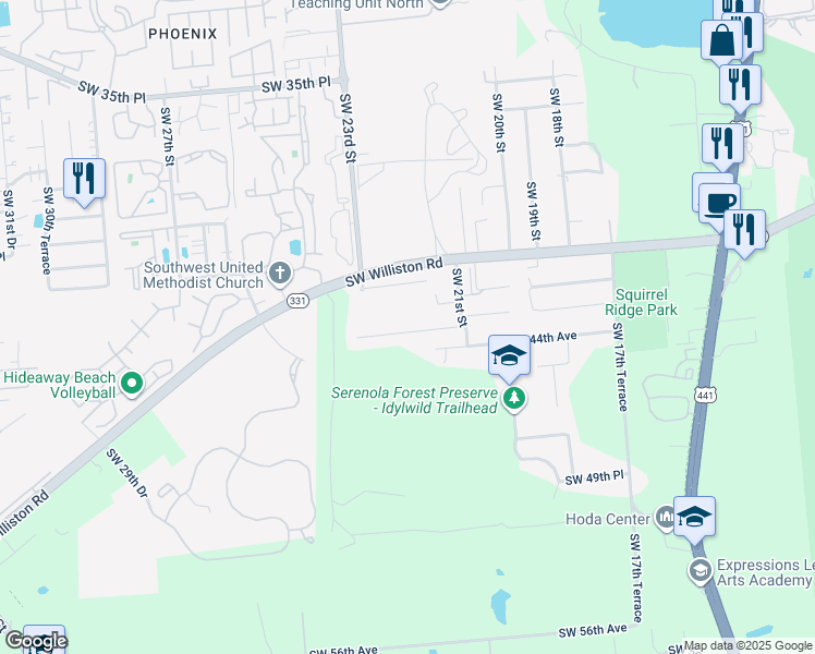 map of restaurants, bars, coffee shops, grocery stores, and more near 2224 Southwest 43rd Place in Gainesville