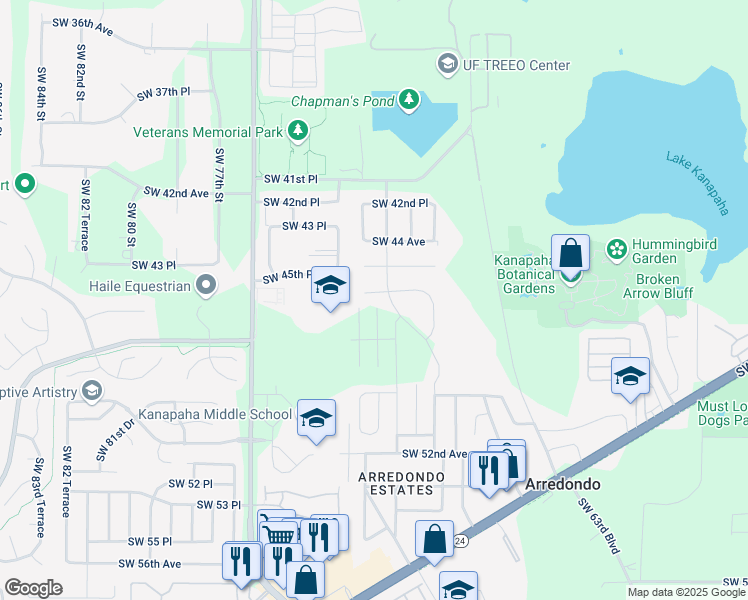 map of restaurants, bars, coffee shops, grocery stores, and more near 6935 Southwest 46 Avenue in Gainesville