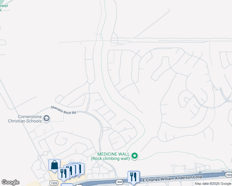 map of restaurants, bars, coffee shops, grocery stores, and more near 18343 Wild Onion in San Antonio