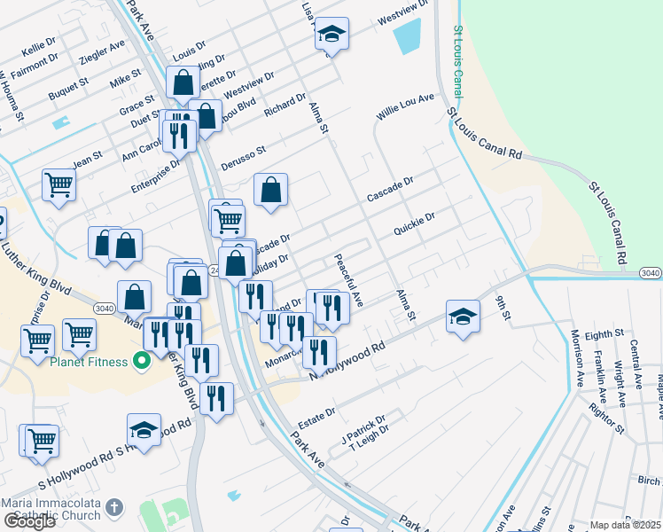 map of restaurants, bars, coffee shops, grocery stores, and more near 1601 Gail Street in Houma