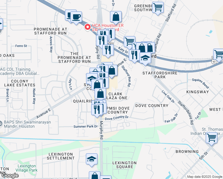 map of restaurants, bars, coffee shops, grocery stores, and more near 501 Murphy Road in Stafford