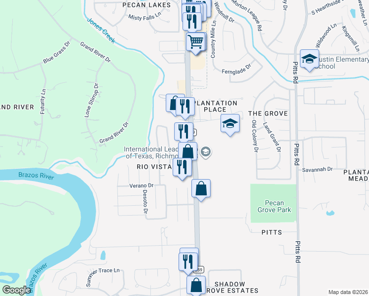 map of restaurants, bars, coffee shops, grocery stores, and more near 1125 Farm to Market 359 in Richmond