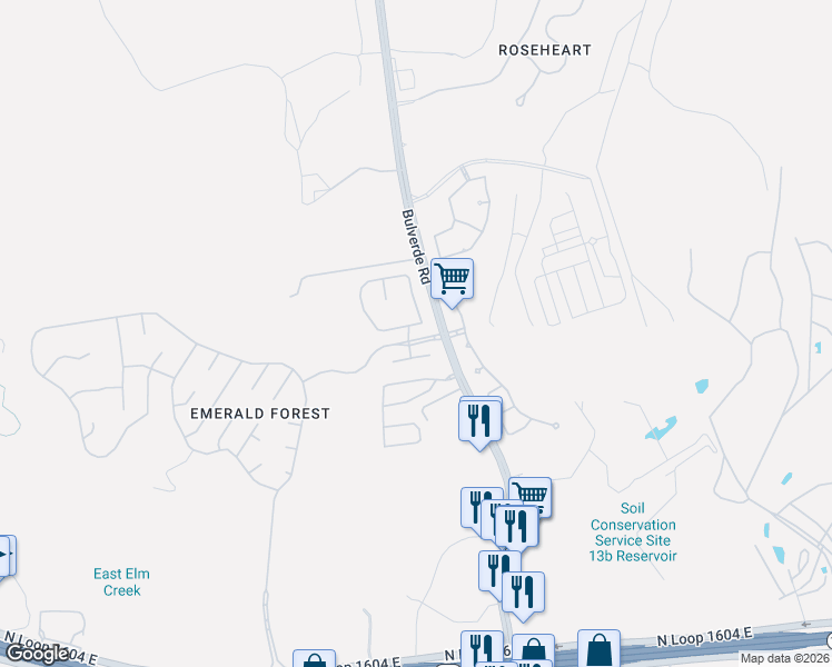 map of restaurants, bars, coffee shops, grocery stores, and more near 3615 Rustling Oaks in San Antonio