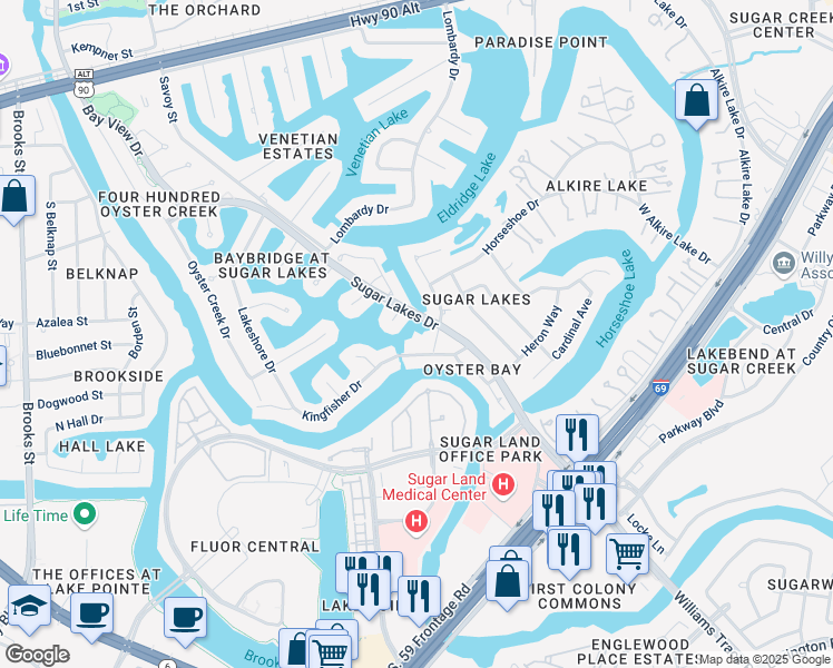 map of restaurants, bars, coffee shops, grocery stores, and more near 930 Sugar Lakes Drive in Sugar Land