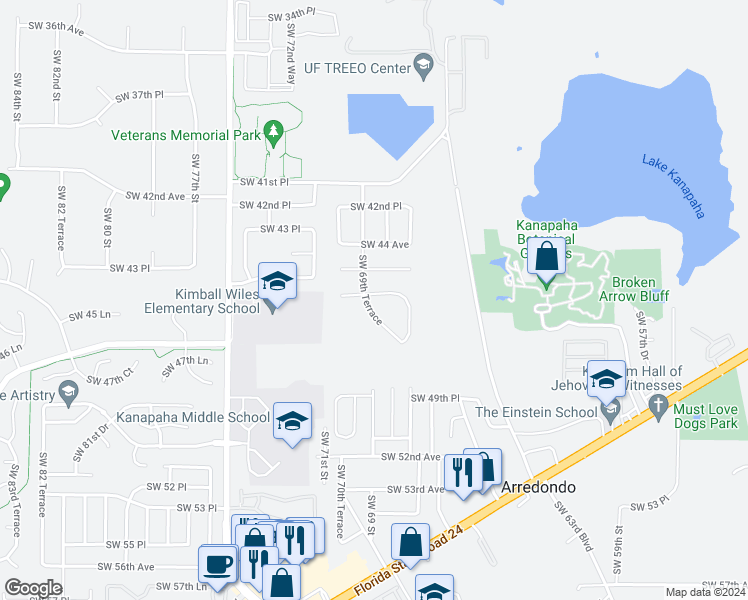 map of restaurants, bars, coffee shops, grocery stores, and more near 6909 Southwest 46 Avenue in Gainesville