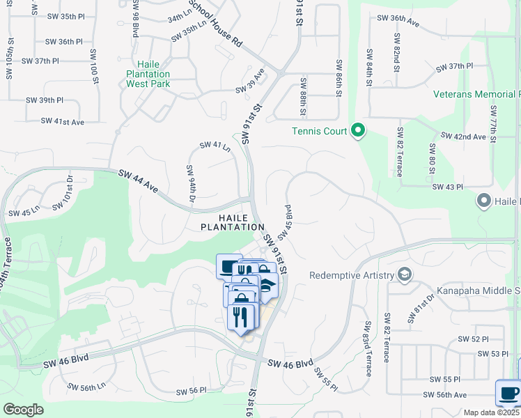 map of restaurants, bars, coffee shops, grocery stores, and more near 8976 Southwest 44 Lane in Gainesville
