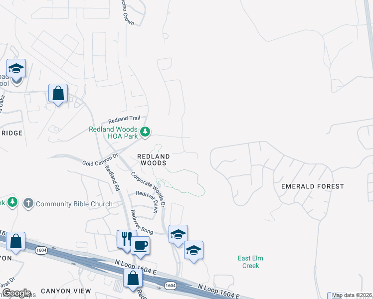 map of restaurants, bars, coffee shops, grocery stores, and more near 3028 Redrock Pass in San Antonio