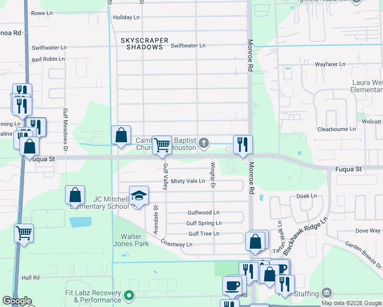 map of restaurants, bars, coffee shops, grocery stores, and more near 8331 Fuqua Gardens Drive in Houston