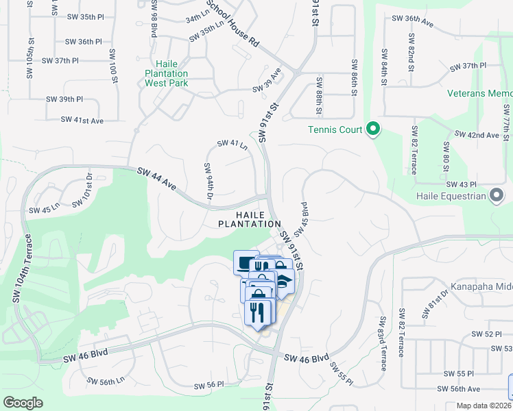 map of restaurants, bars, coffee shops, grocery stores, and more near 4431 Southwest 91st Drive in Gainesville