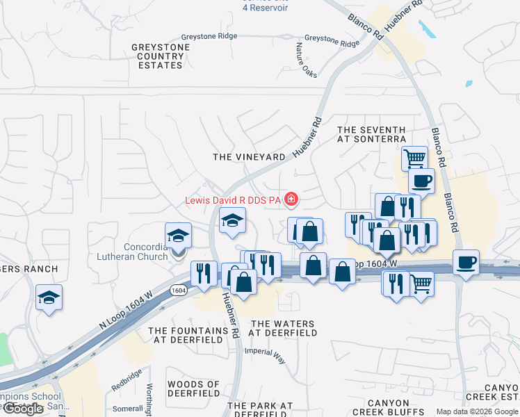 map of restaurants, bars, coffee shops, grocery stores, and more near 1722 Sandringham in San Antonio