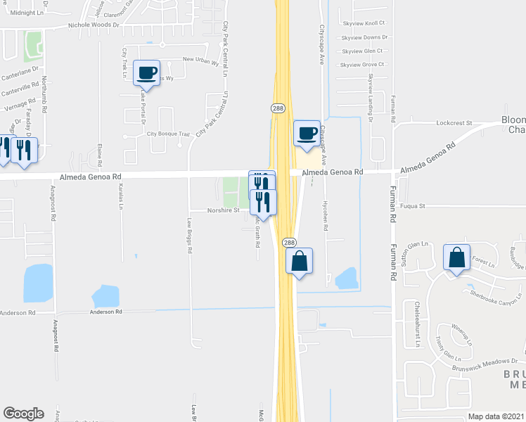 map of restaurants, bars, coffee shops, grocery stores, and more near 13360 Northwest Freeway in Houston