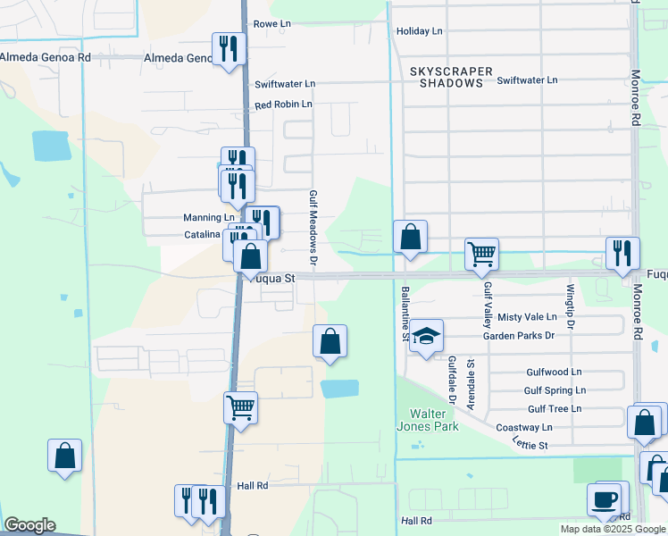 map of restaurants, bars, coffee shops, grocery stores, and more near 7816 Fuqua Street in Houston